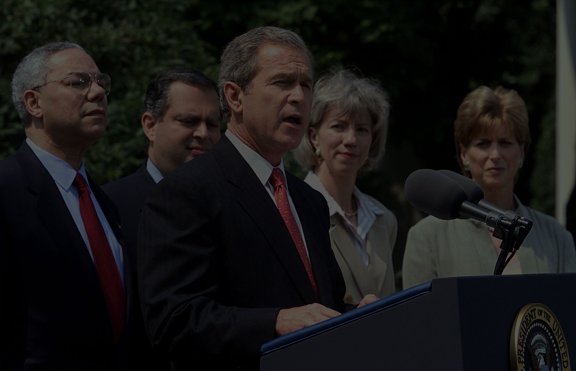 In a Rose Garden ceremony at the White House in 2001, President George W. Bush made remarks on the global climate change working group's status report in preparation for the US-EU summit. Surrounded by his cabinet, including Secretary of State Colin Powell (left), Secretary of Energy Spencer Abraham (second from left), Secretary of Interior Gale Norton (second from right) and EPA administrator Christine Todd Whitman (right), Bush reiterated his opposition to the Kyoto climate change treaty but vowed to continue working within the U.N. process.