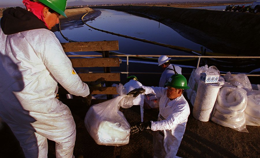 Oil spill cleanup at the Bolsa Chica wetlands in Huntington Beach, California, in 1998.