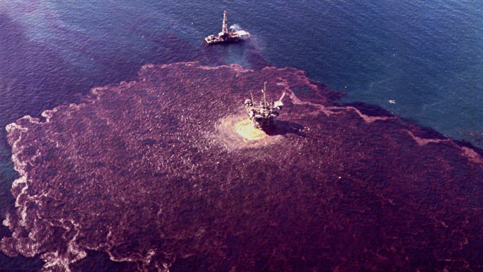 Aerial view of a spill from an offshore oil rig off the coast of Santa Barbara, California in 1969.