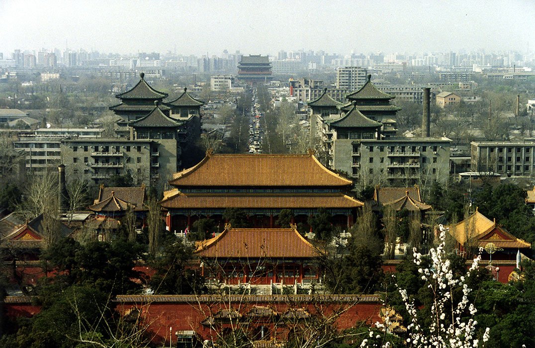 View from Coal Hill of the Drum Tower in Beijing in April 1996.